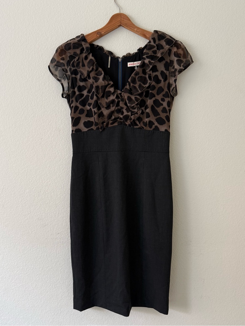 Rebecca Taylor Leopard Ruffle Top Combo Dress Black Pencil Skirt Size